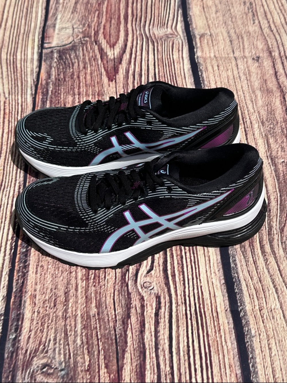 ASICS Women's Black with baby blue & Purple Athletic Running Shoes - Picture 4 of 8
